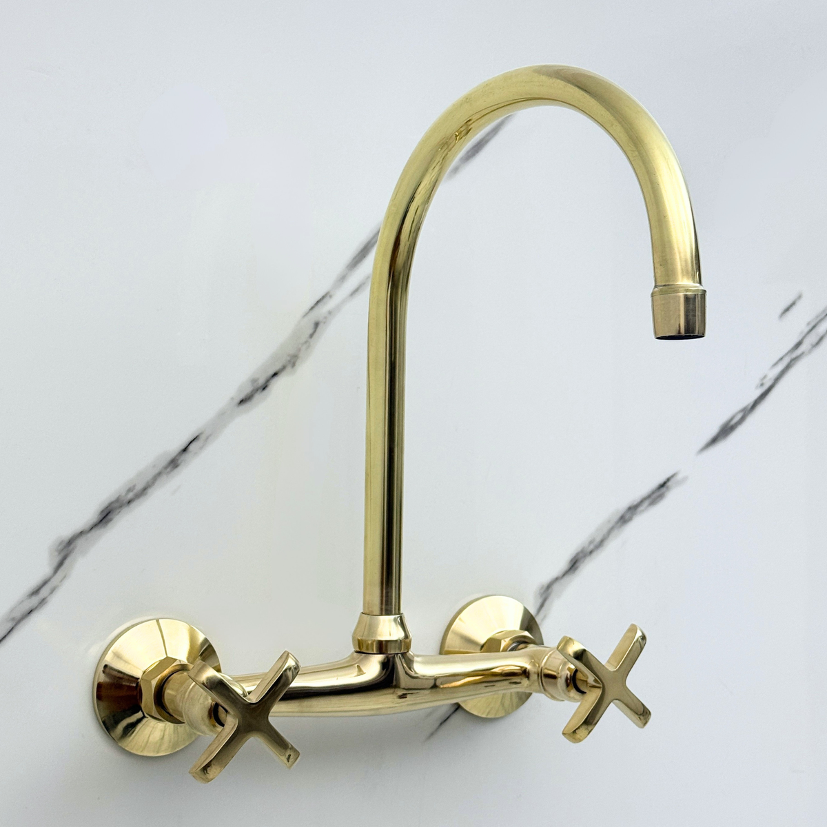 Unlacquered brass wall faucet, 11.5" high, 8" spread with cross handles – alternate view 5