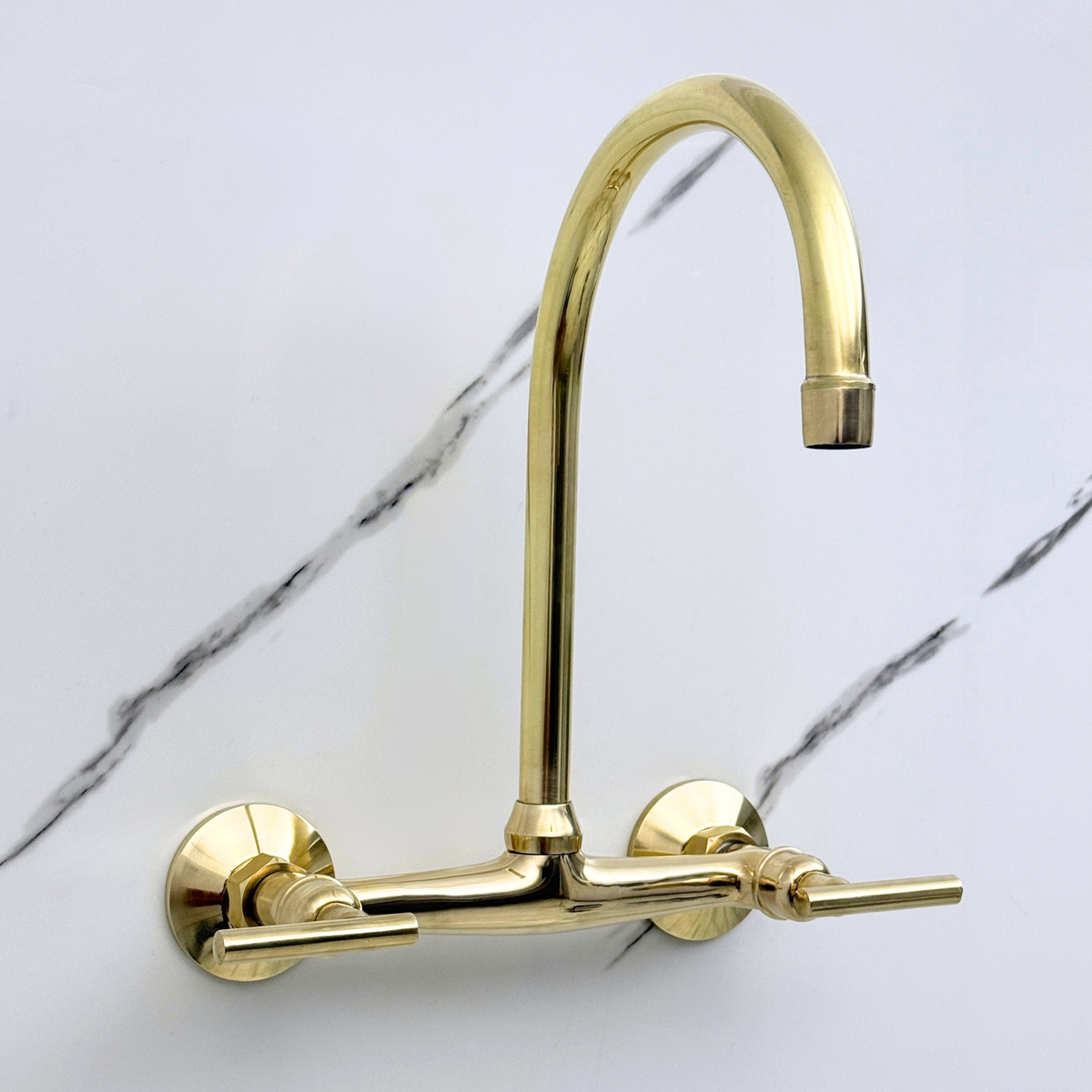 Unlacquered brass wall faucet, 11.5" high, 8" spread with lever handles – alternate view 6