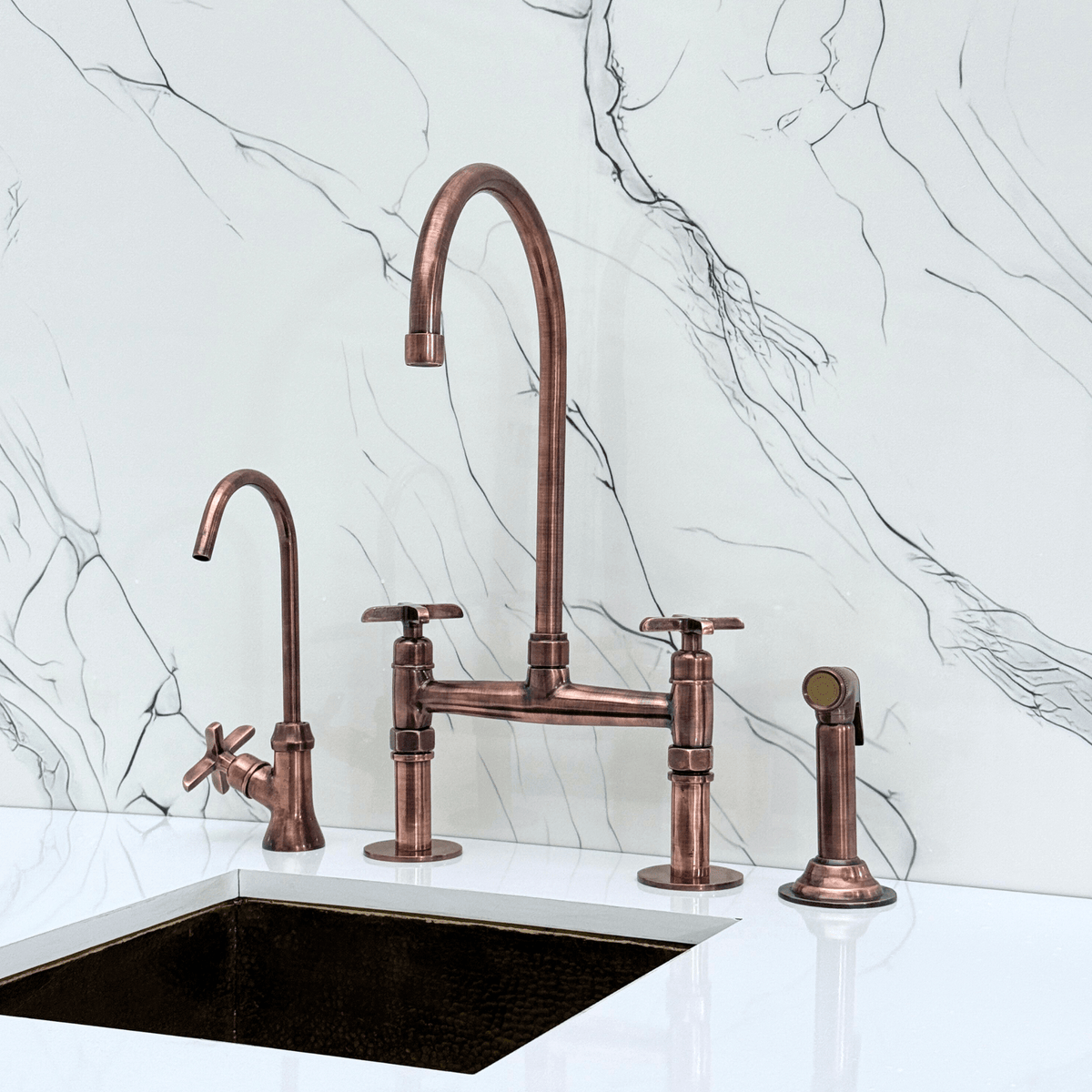 Antique Copper Bridge Faucet with Cross Handles - Atlas - Vintaless