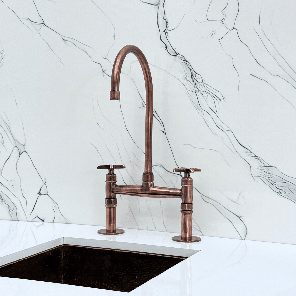 Antique Copper Bridge Faucet with Cross Handles - Atlas - Vintaless