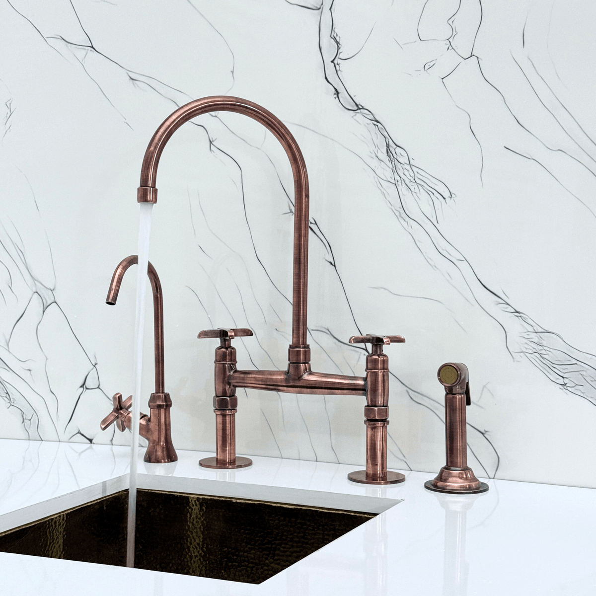 Antique Copper Bridge Faucet with Cross Handles - Atlas - Vintaless