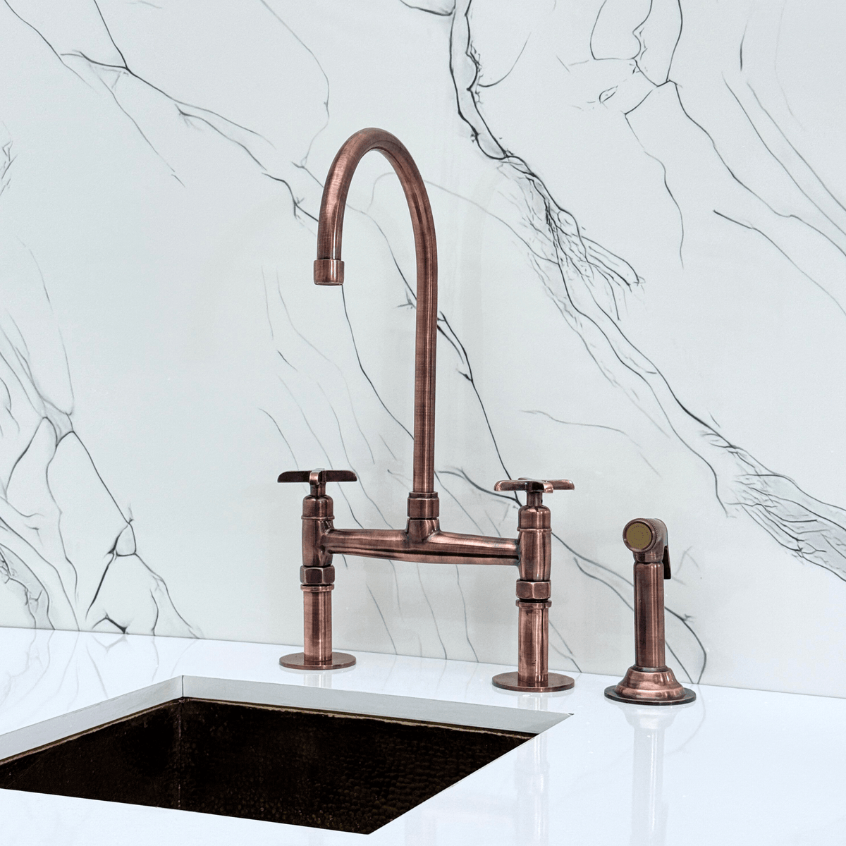 Antique Copper Bridge Faucet with Cross Handles - Atlas - Vintaless