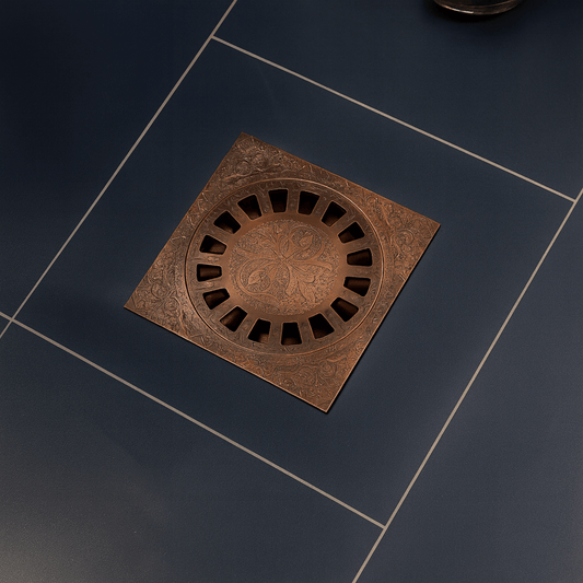 Antique Copper Engraved Shower Drain with Removable Cover, Solid Copper Square Shower Drain - Vintaless