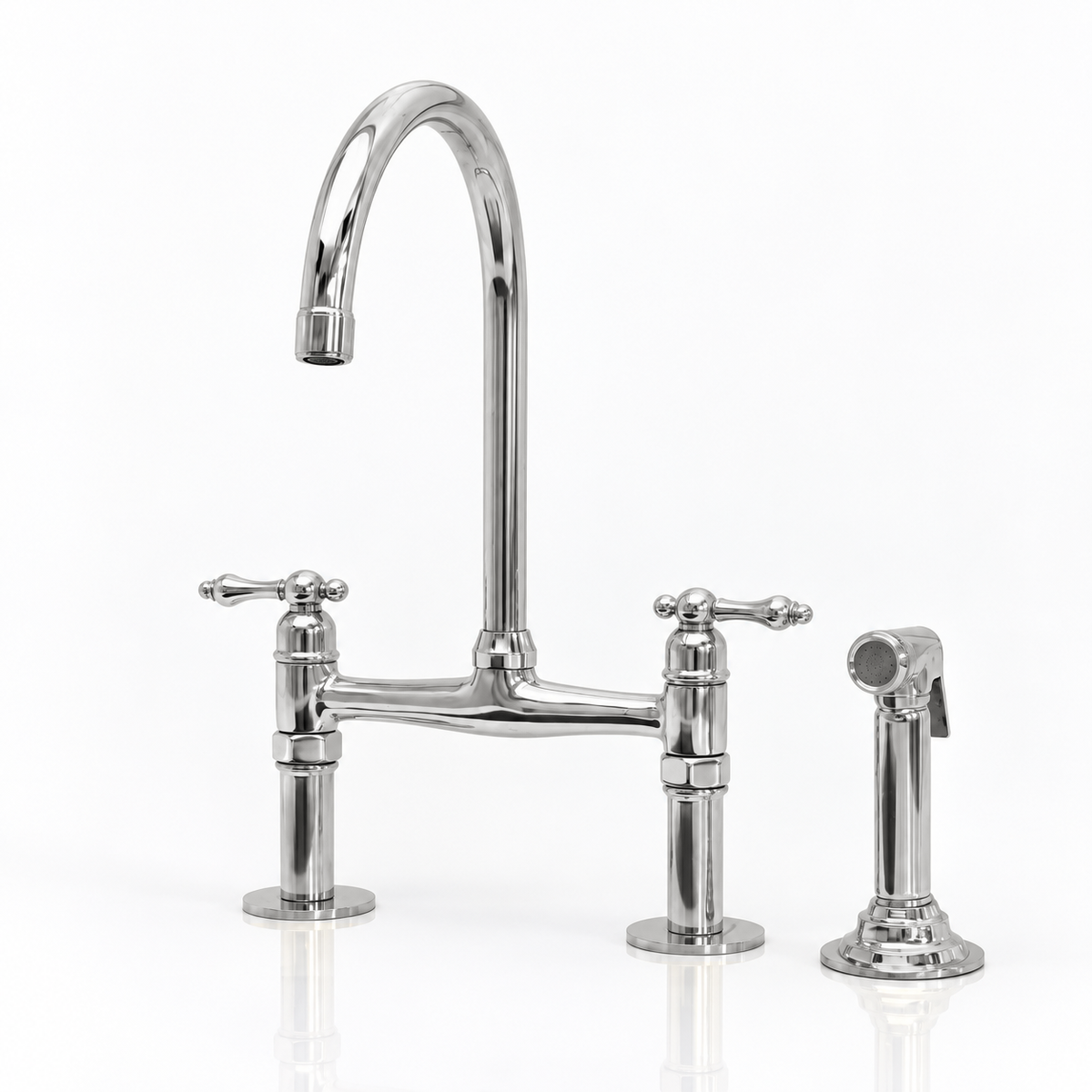 Atlas Polished Nickel bridge faucet, pearl sprayer