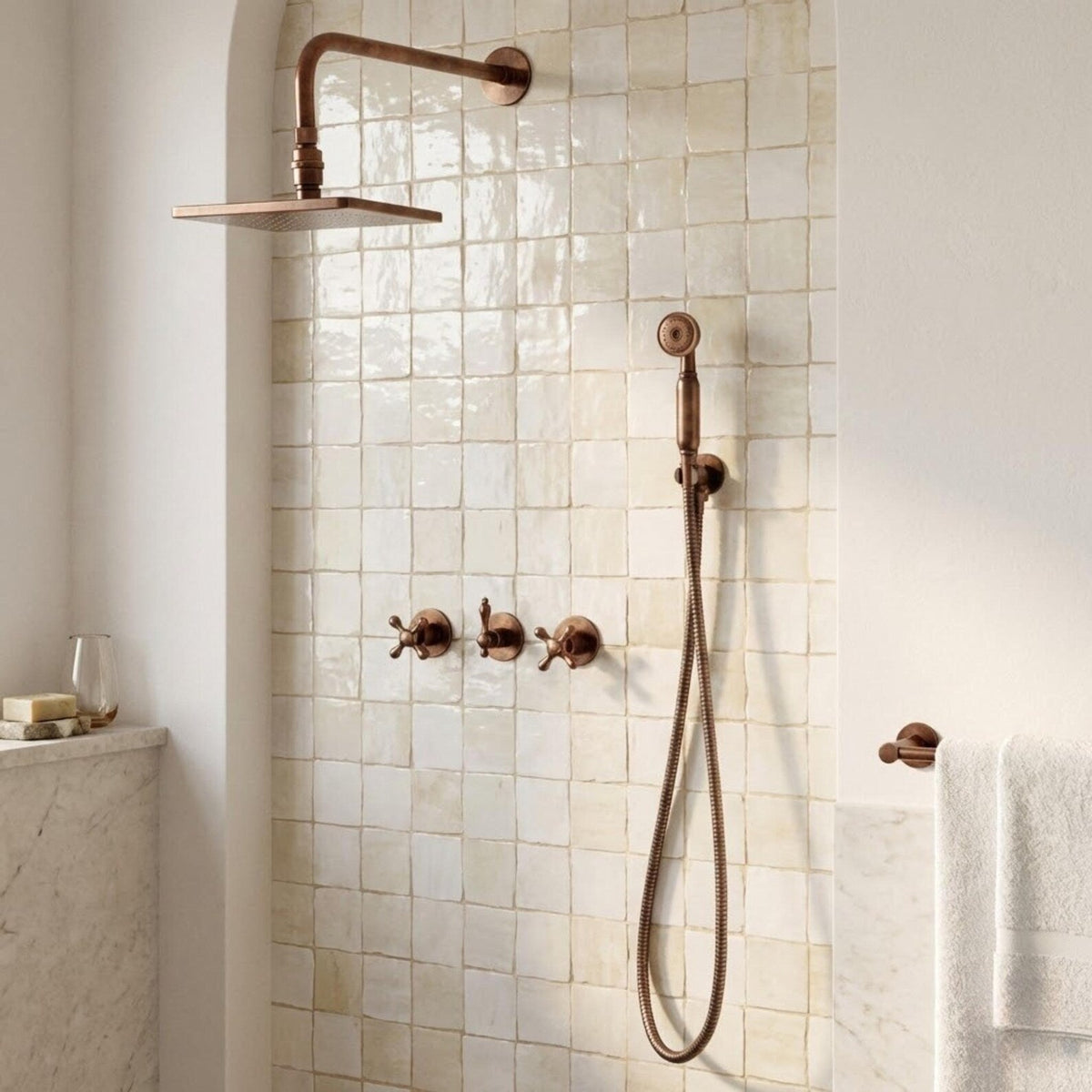 Antique Copper Square Rain Shower System with Handheld — Straight arm (ACCSS-017) — shower system overview