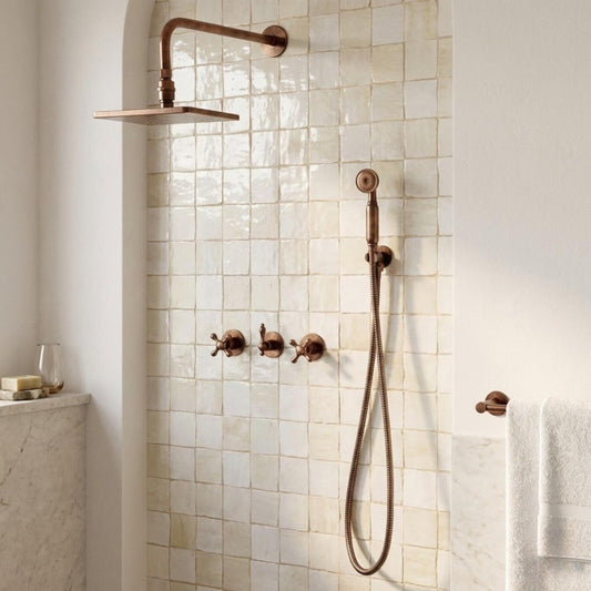 Antique Copper Square Rain Shower System with Handheld — Straight arm (ACCSS-017) — shower system overview