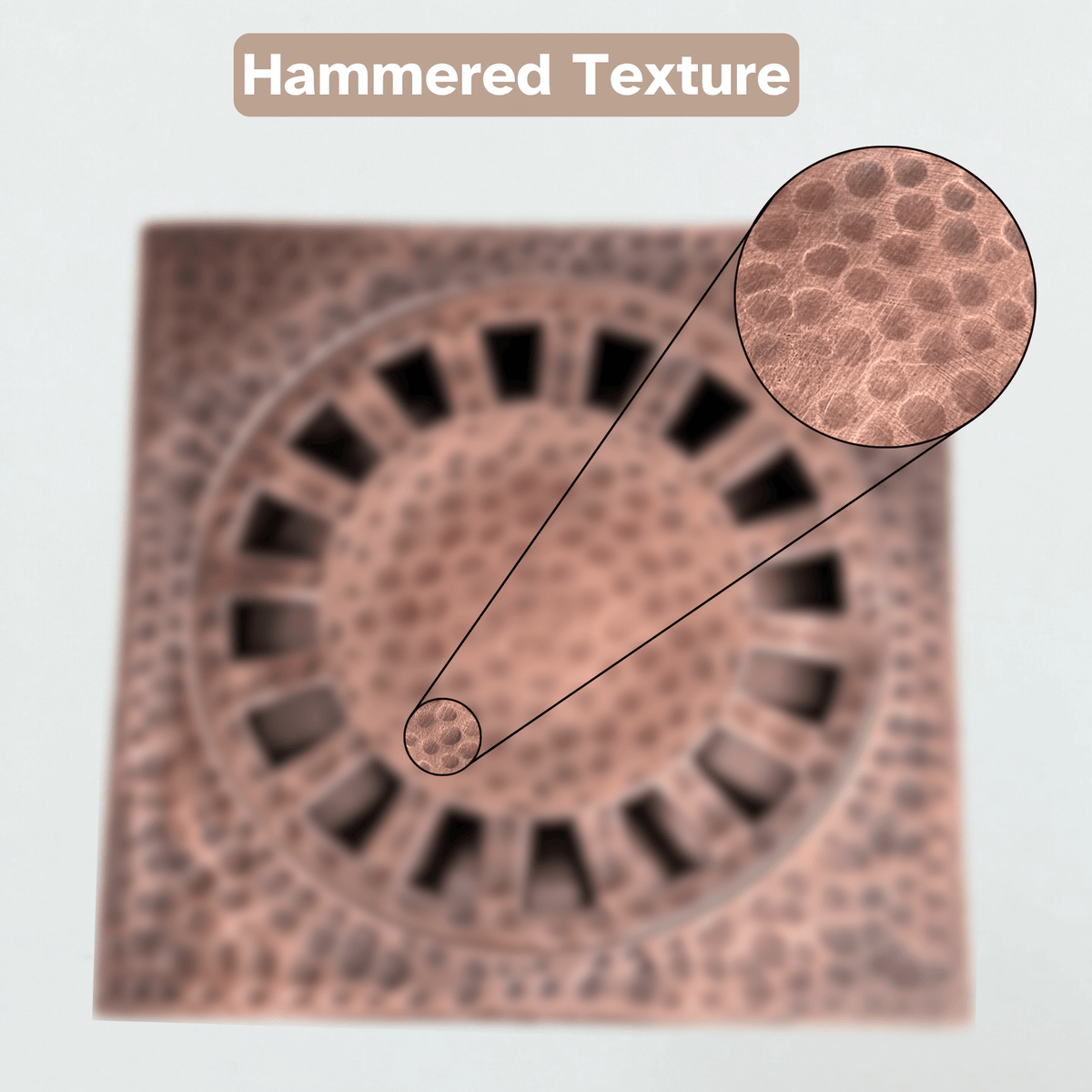 Solid Brass Hammered Square Shower Drain, Antique Copper Finish Bathroom Drain with Removable Cover - Vintaless
