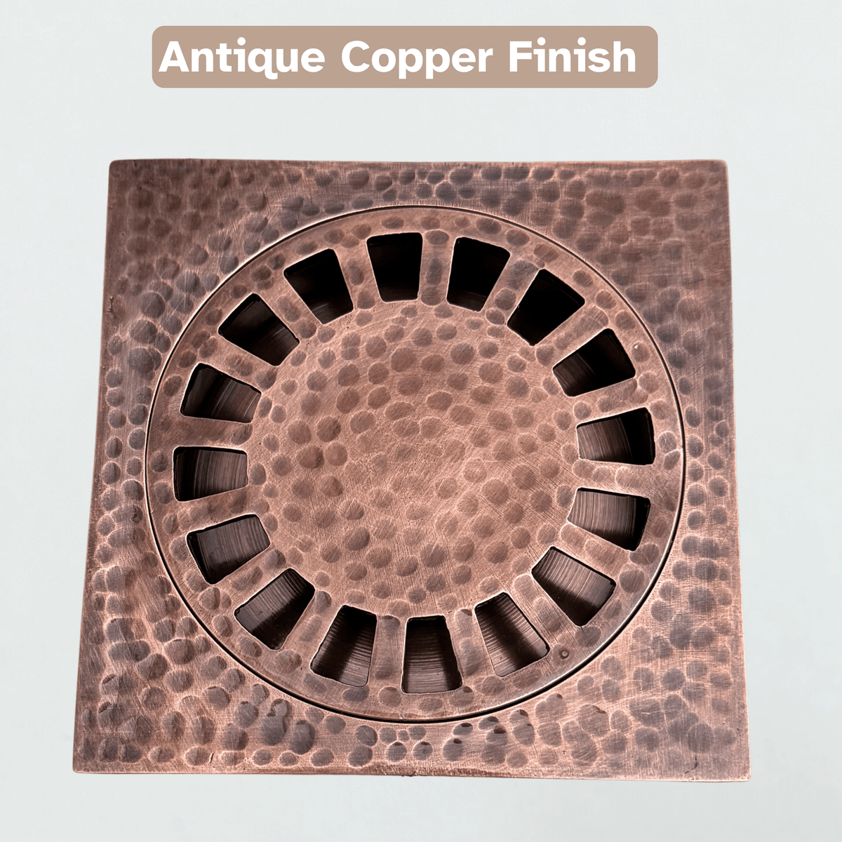 Solid Brass Hammered Square Shower Drain, Antique Copper Finish Bathroom Drain with Removable Cover - Vintaless