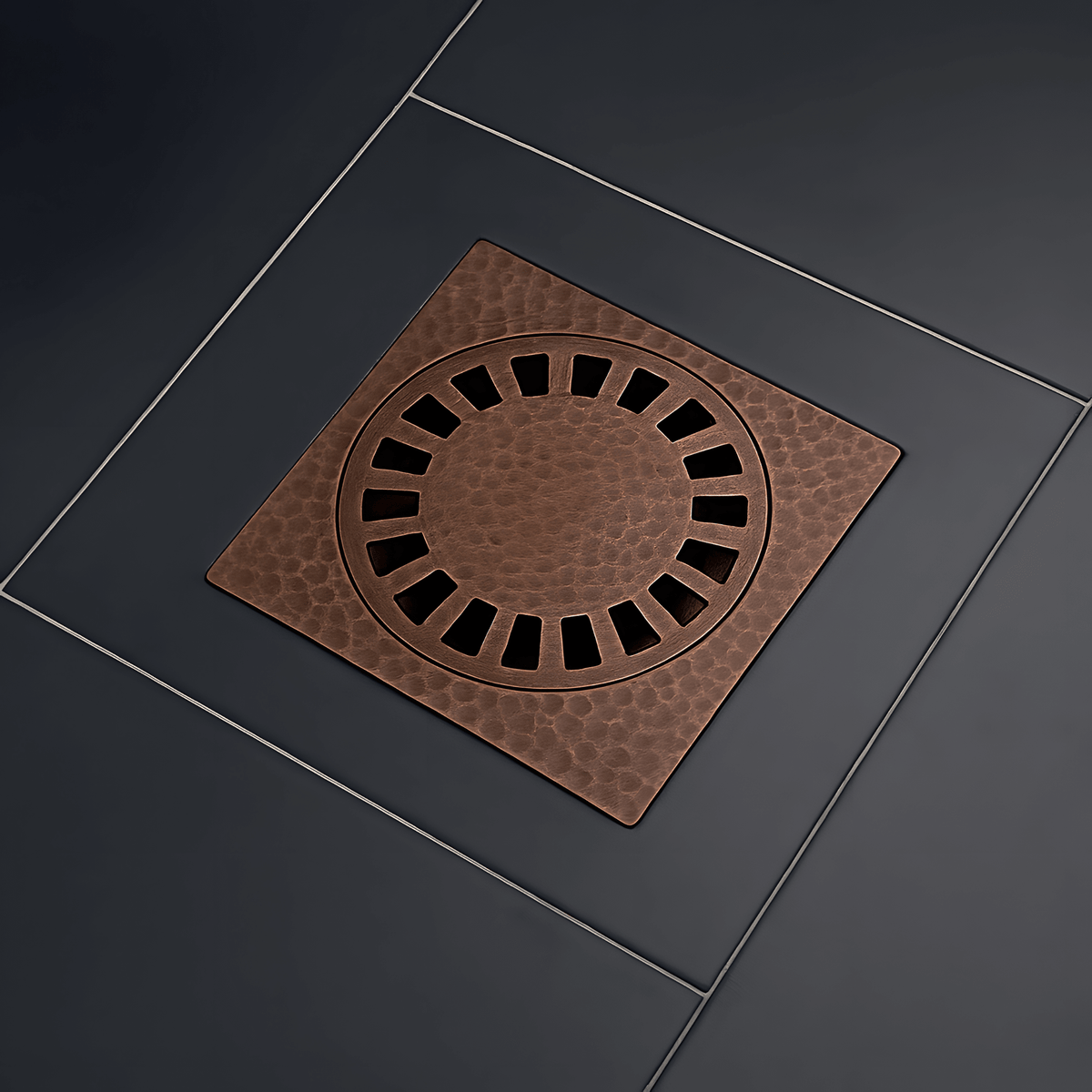 Solid Brass Hammered Square Shower Drain, Antique Copper Finish Bathroom Drain with Removable Cover - Vintaless