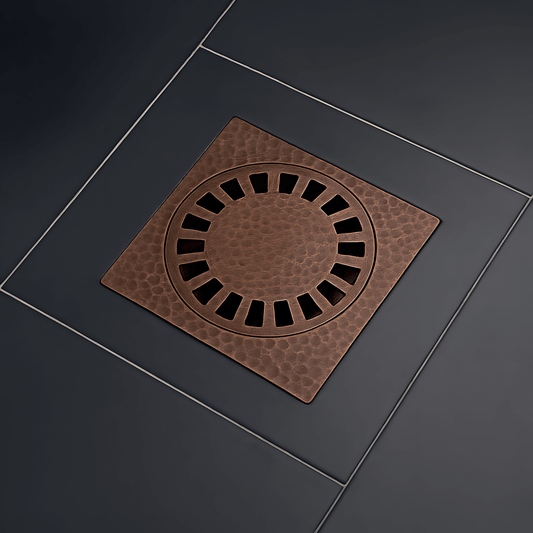 Solid Brass Hammered Square Shower Drain, Antique Copper Finish Bathroom Drain with Removable Cover - Vintaless