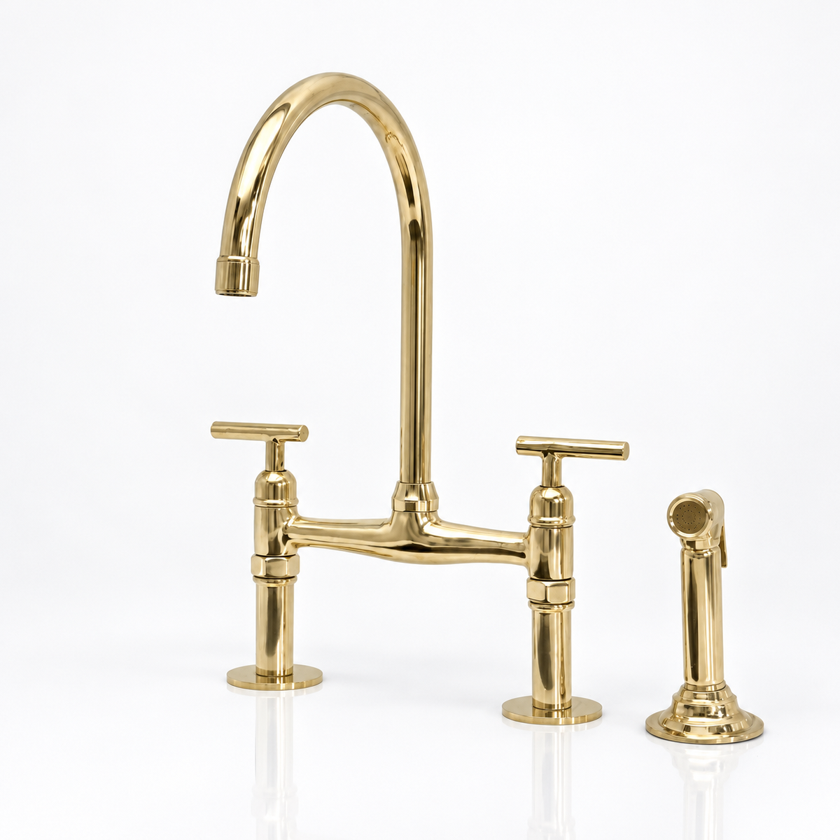Atlas Unlacquered Brass bridge faucet, Branch handles with sprayer