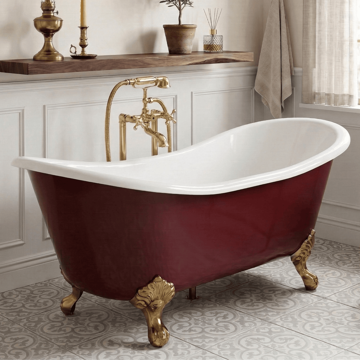 Unlacquered Brass Freestanding Bathtub Faucet, Solid Brass Clawfoot Tub Filler with Handheld Shower Head, Diverter and Cross Handles - Vintaless