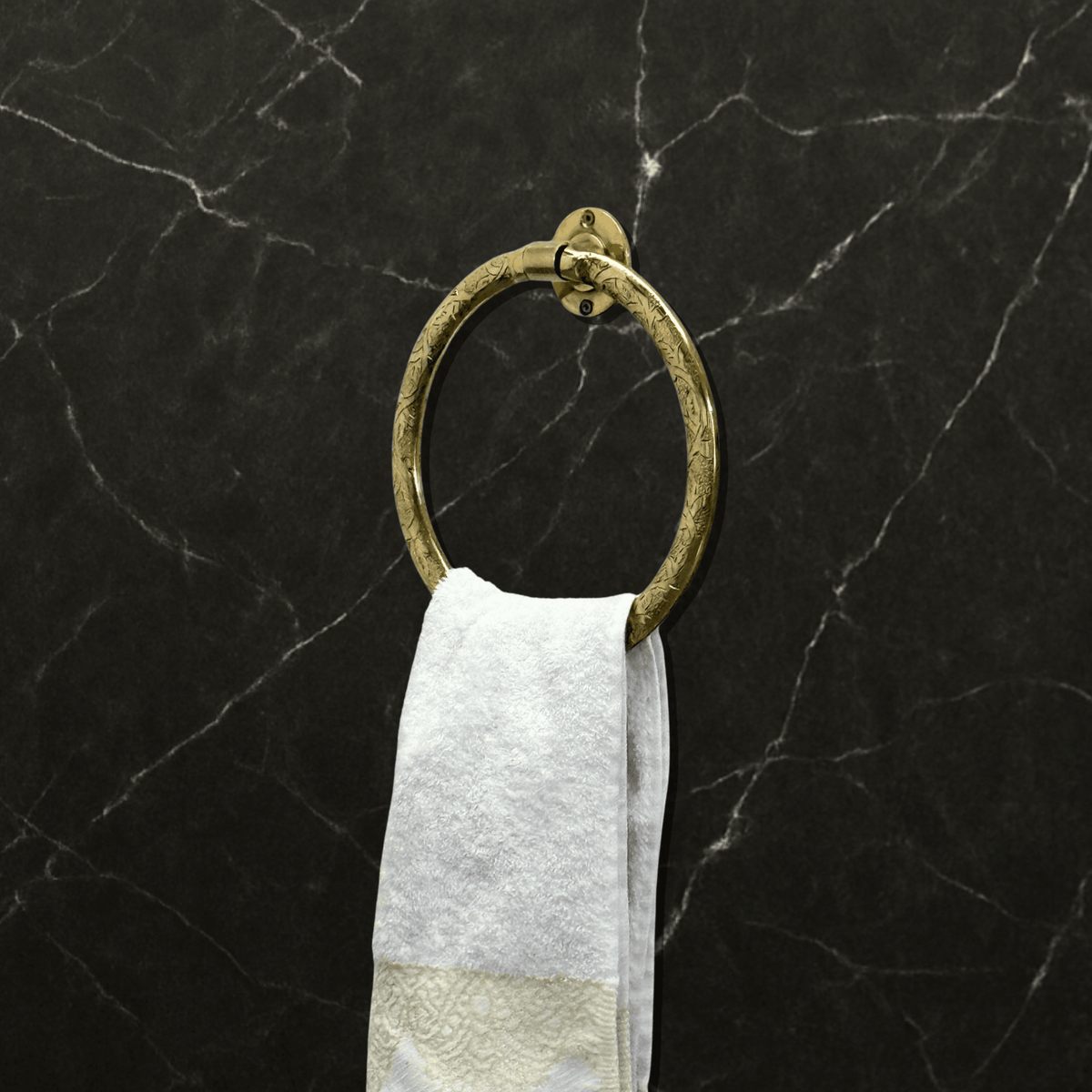 Unlacquered Brass Towel Holder, Hand Engraved Towel Hanger, Bathroom Wall Mounted Towel Ring - Vintaless