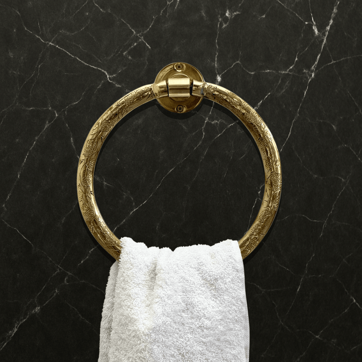 Unlacquered Brass Towel Holder, Hand Engraved Towel Hanger, Bathroom Wall Mounted Towel Ring - Vintaless