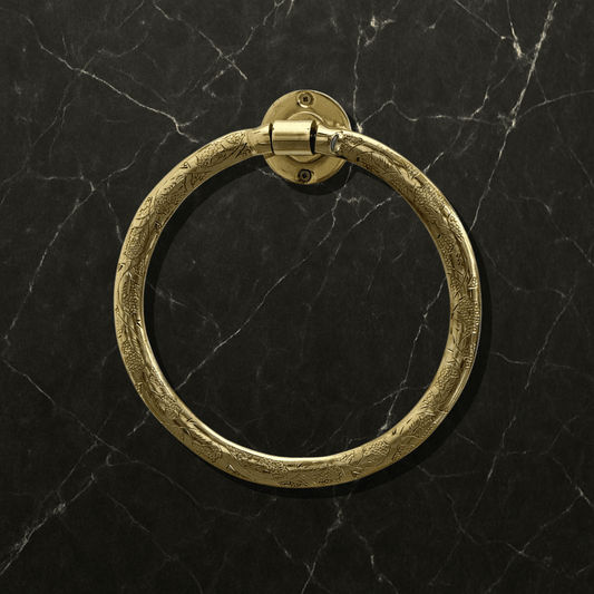 Unlacquered Brass Towel Holder, Hand Engraved Towel Hanger, Bathroom Wall Mounted Towel Ring - Vintaless