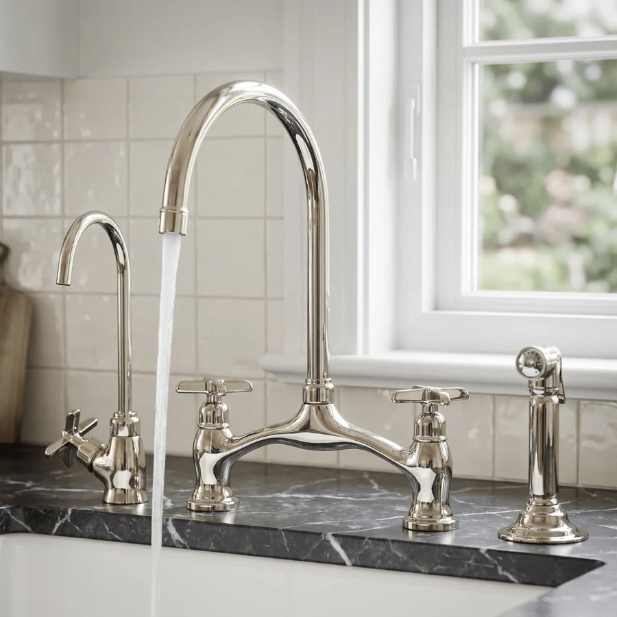 Polished nickel bridge kitchen faucet shown in its full kitchen setting
