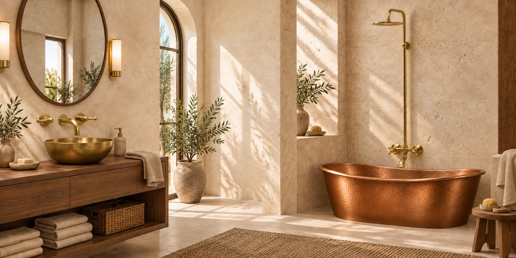 Warm stone bathroom with brass fixtures in the Vintaless visual style